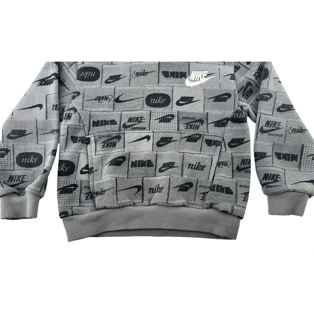 Nike‎ Toddler Hoodie XS 3-4 Years Gray All Over Logo Pullover Sweatshirt